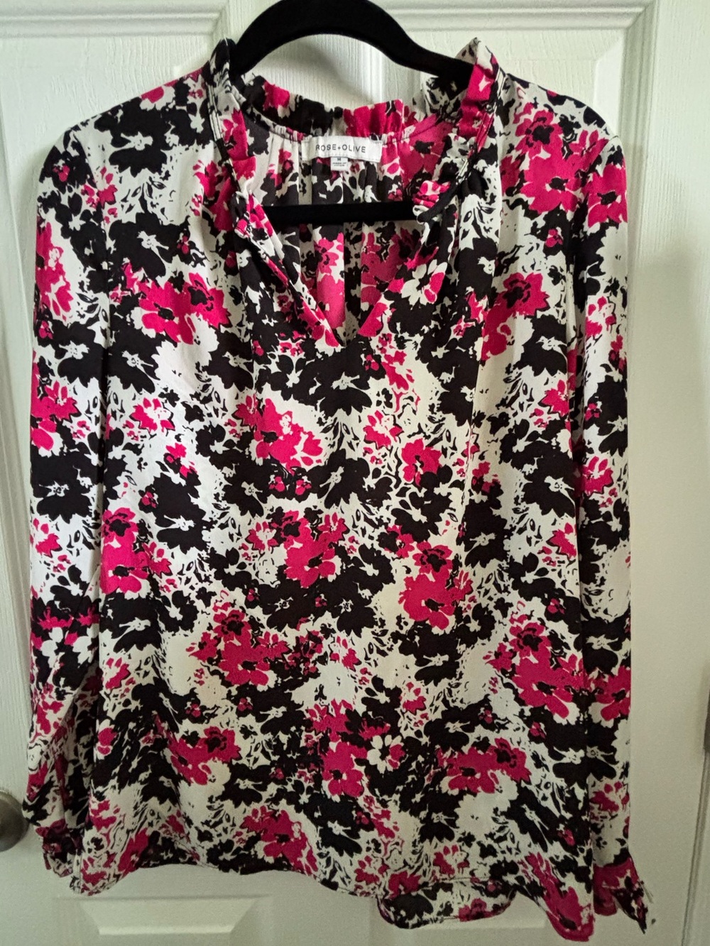 Rose & Olive Hot Pink Black Floral V-Neck Blouse